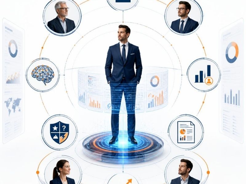 Satış Performans Koçluğu ve Mentörlük Programı 3 Satış uzmanının 360 derece satış performans değerlendirmesini gösteren dijital analiz ekranı ve performans grafikleri.