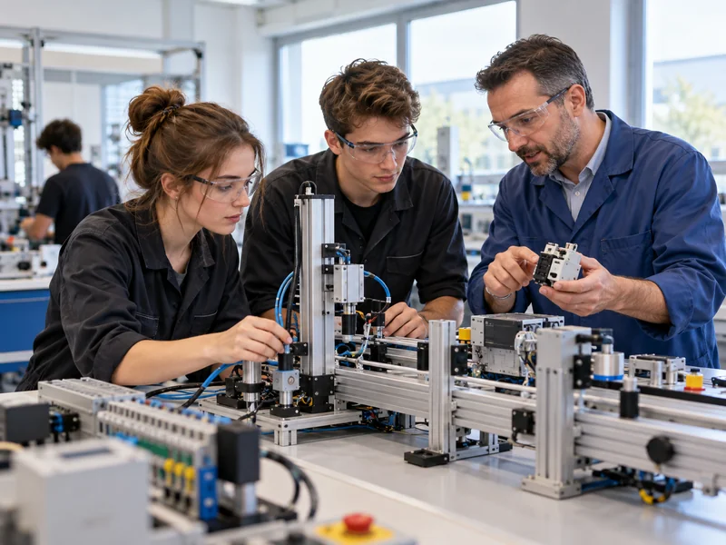 2027 Erasmus+ Mesleki Eğitim KA1 Başvuru Destek Eğitimi 1 Mesleki eğitim atölyesinde eğitmen rehberliğinde otomasyon düzeneği üzerinde çalışan iki öğrenici.