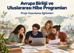 avrupa-birligi-ve-uluslararası-hibe-projesi-hazirlama-egitimi- Dünya haritası önünde dizüstü bilgisayar ve proje dosyaları üzerinde birlikte çalışan ekip