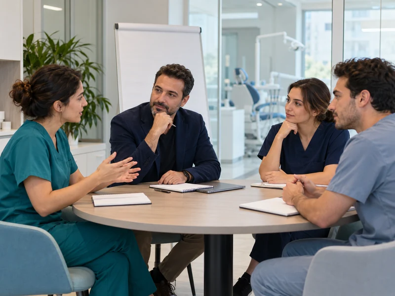 Ağız ve Diş Sağlığı Kurumları Eğitimleri 2 Diş kliniğinin toplantı alanında görüş alışverişi yapan dört kişilik ekip.