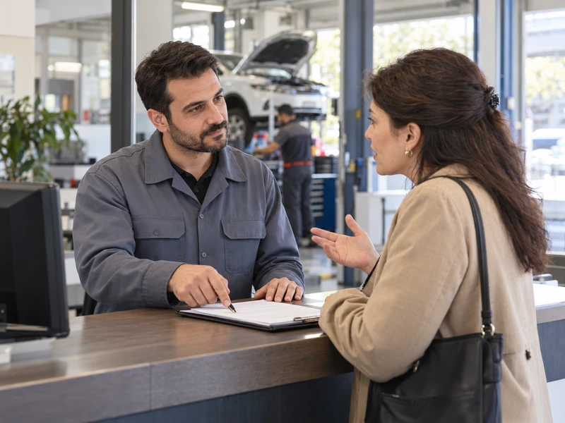Teknik servis danışmanının müşteriyi dinleyerek tezgâhtaki servis belgesi üzerinde açıklama yapması.