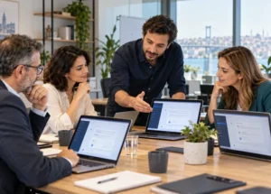 Bilgisayar başında basılı raporları birlikte inceleyen iki çalışan.