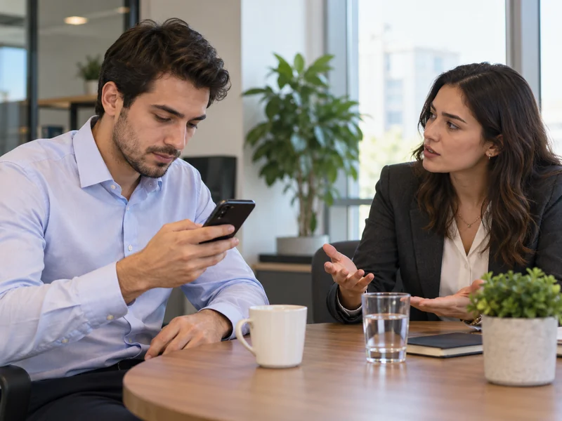 İş arkadaşı konuşurken telefonuna odaklanan çalışan